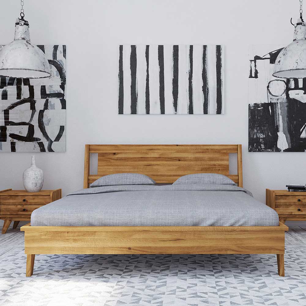 Holz Doppelbett Carilla aus Wildeiche Massivholz im Retro Design
