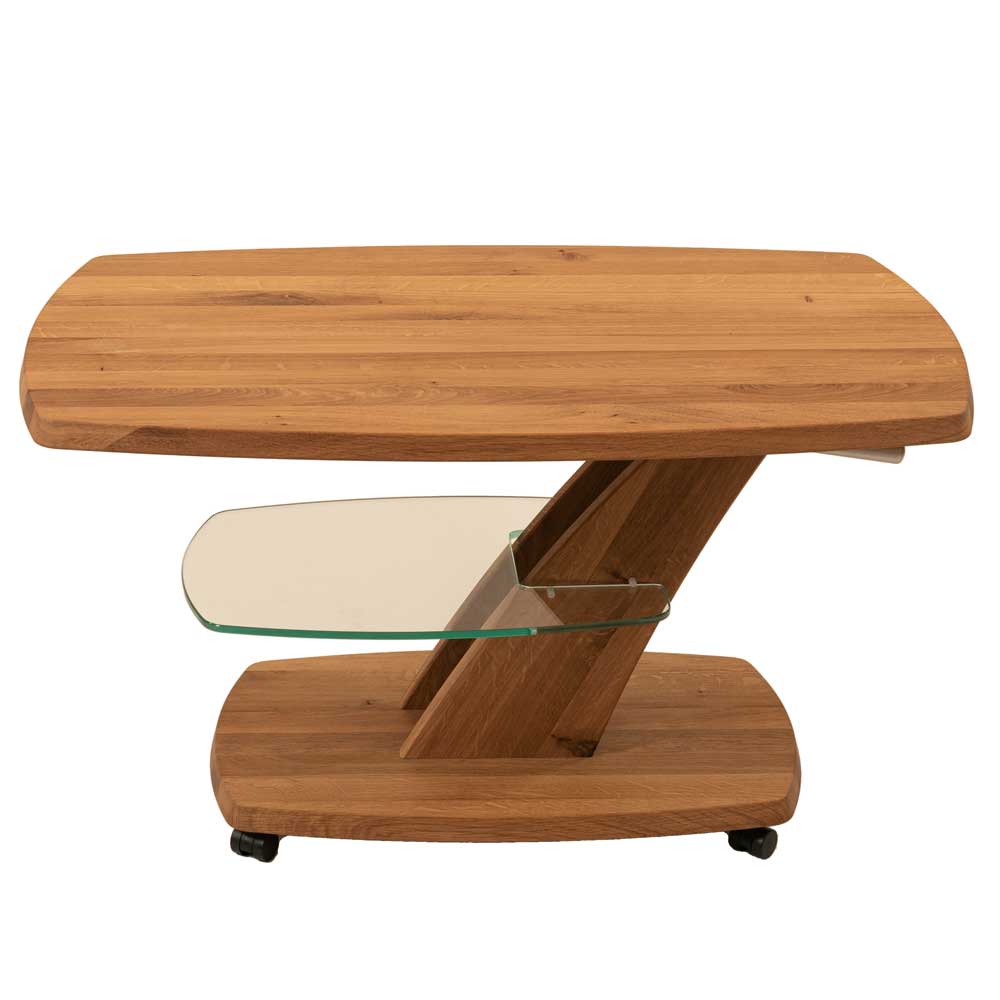 Lift Sofa Tisch Brando aus Wildeiche Massivholz und Sicherheitsglas Ablage