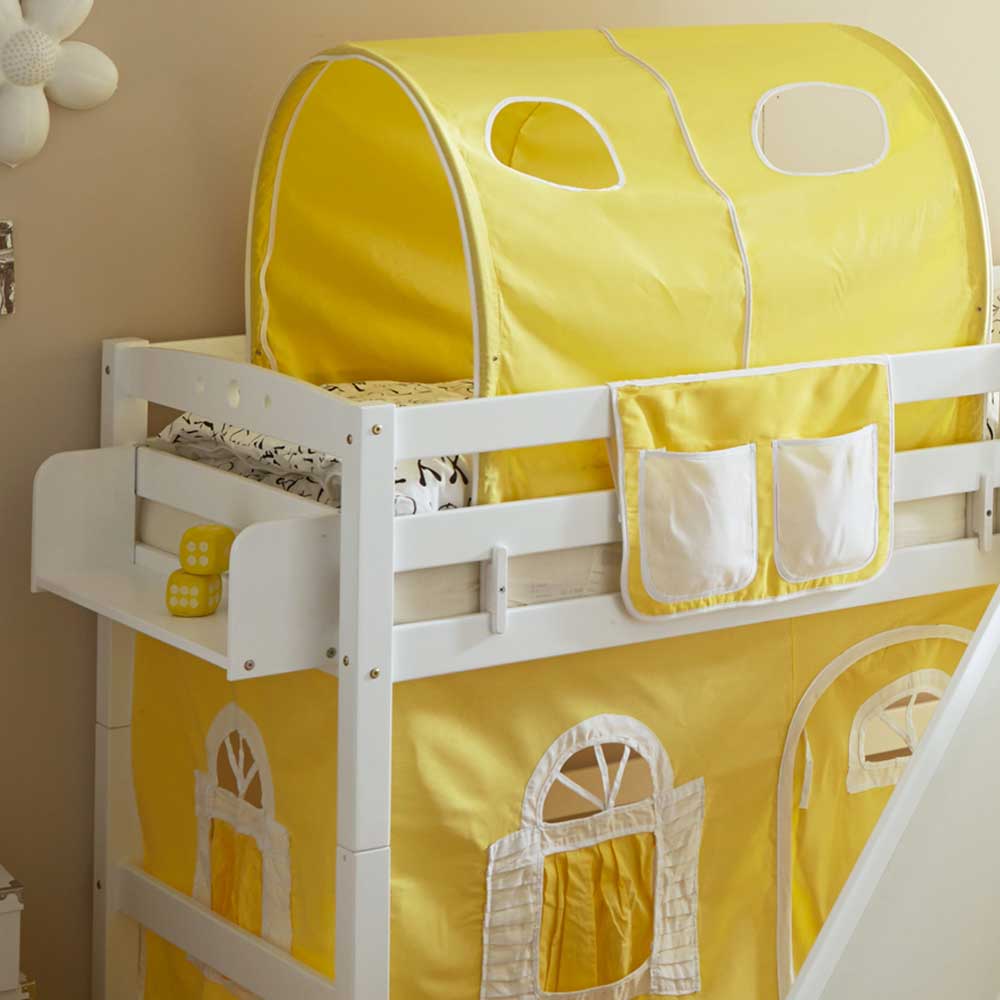 Kinderzimmer Hochbettgestell Imilias in Weiß Buche massiv mit Vorhang in Gelb