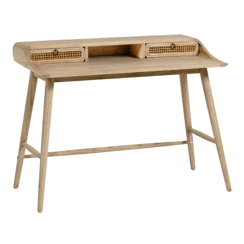 Schreibtisch Chiros aus Massivholz und Rattan im Skandi Design