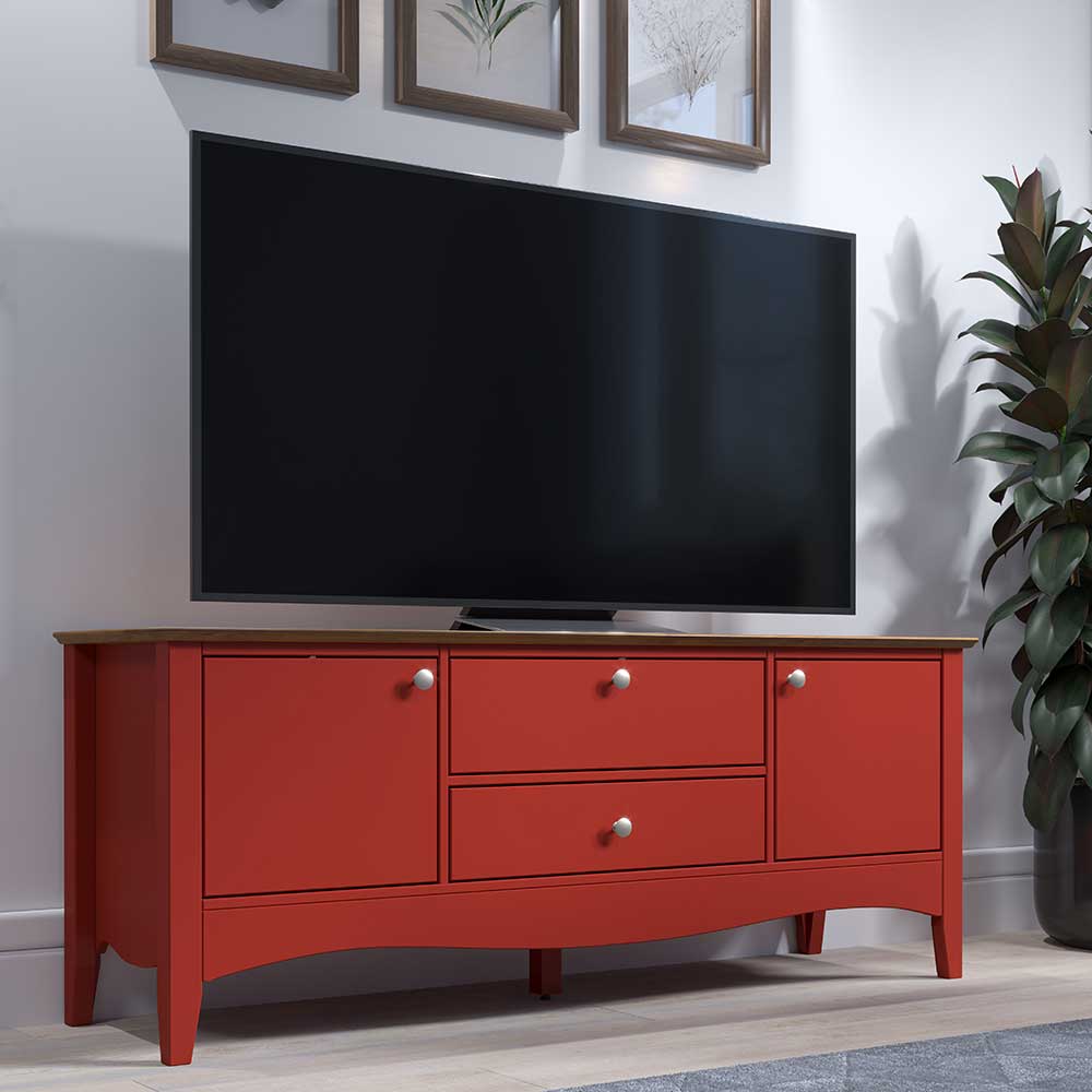 Landhausstil TV Möbel Flenco in Rot und Kiefer dunkel