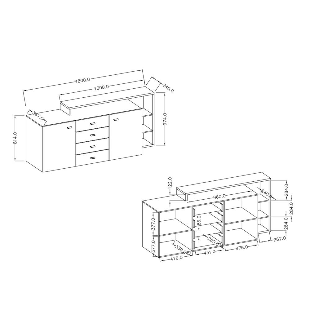 Wohnzimmer Sideboard Plane in Beton Grau und Weiß mit vier Schubladen