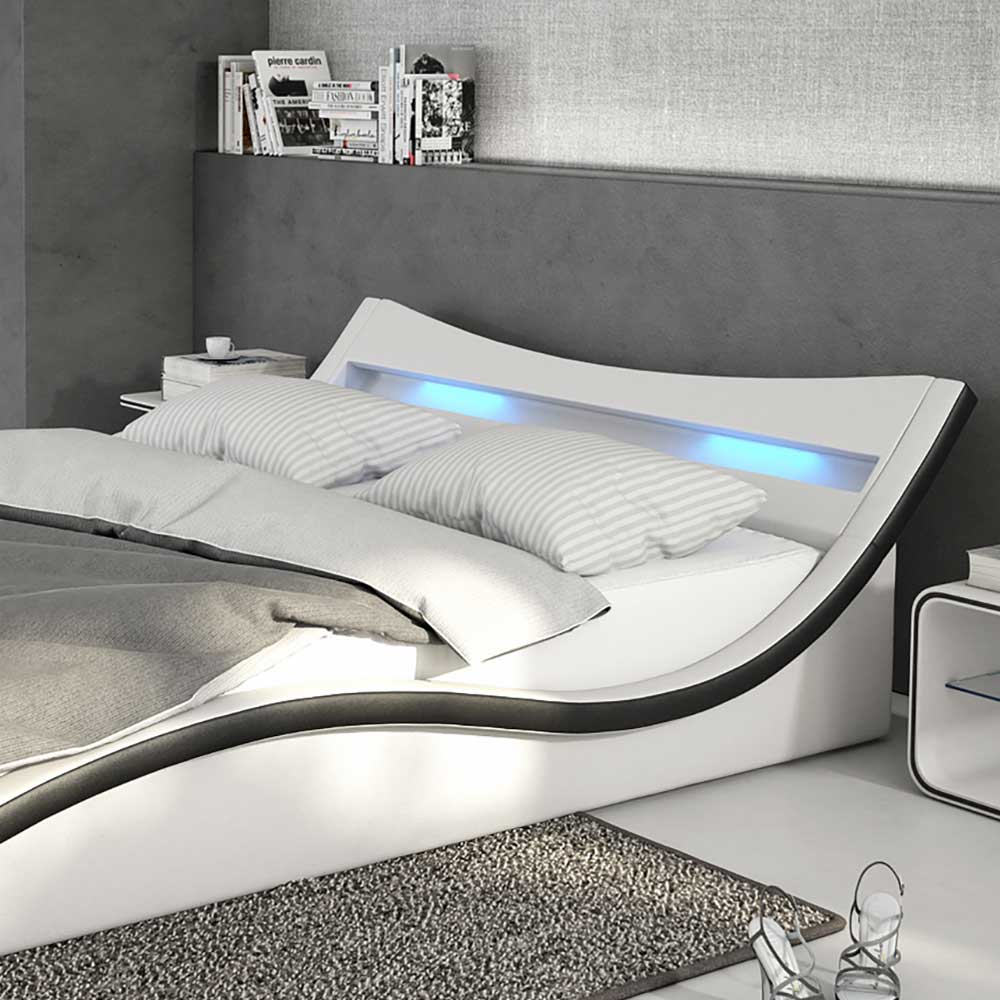 Design Bett Home in Schwarz Weiß Kunstleder mit LED Beleuchtung