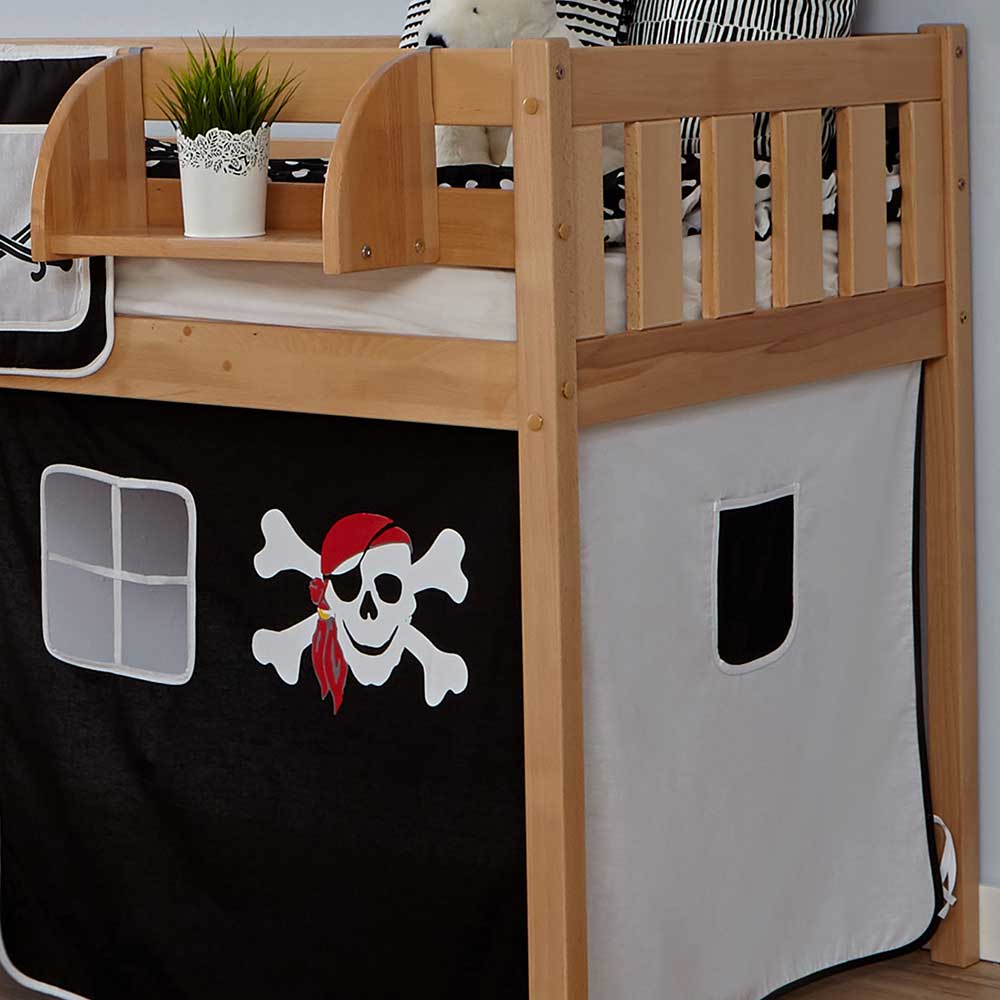 Kinder Halbhochbett Scotias aus Buche Massivholz mit Vorhang im Pirat Design