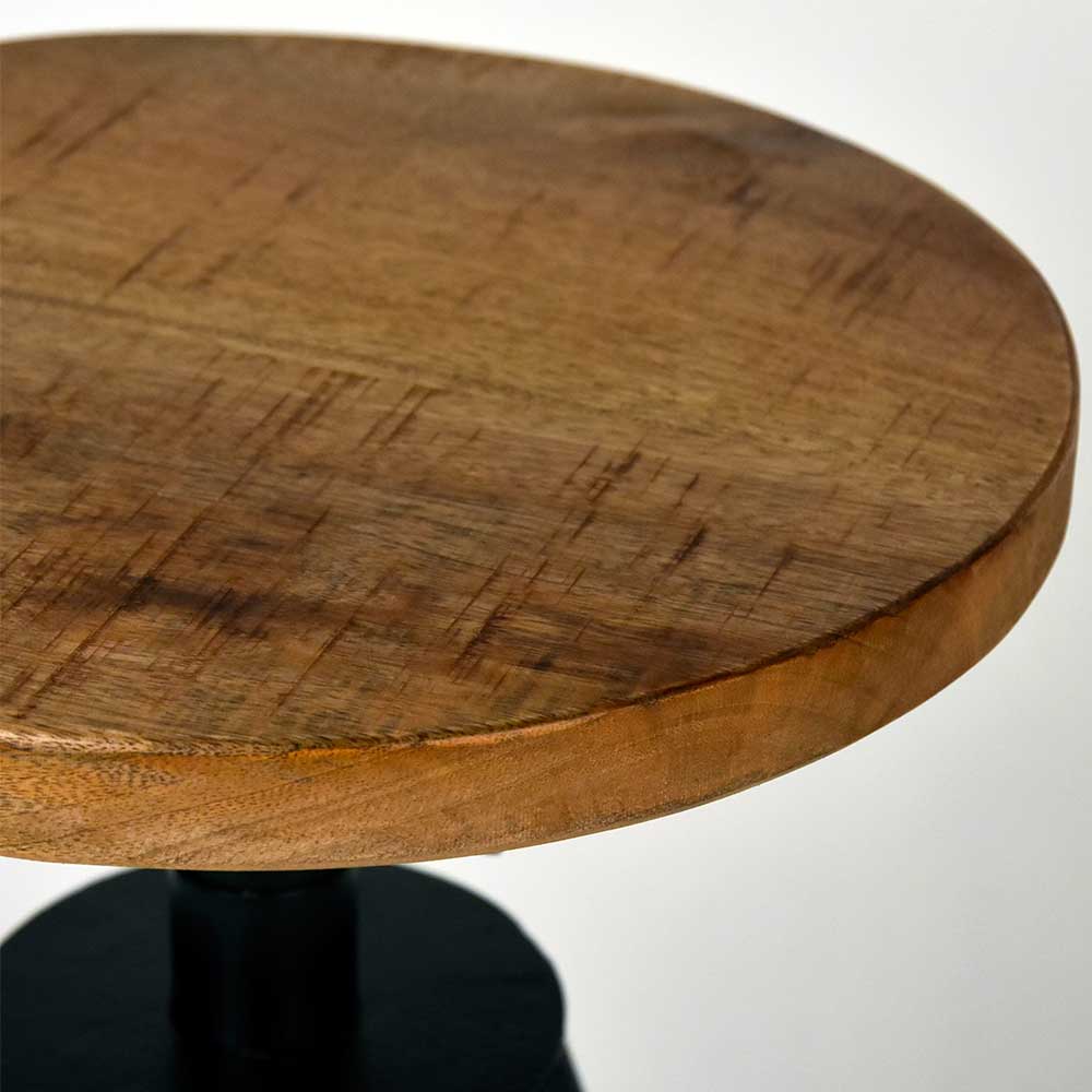 Runder Sitzhocker Norma aus Mangobaum Massivholz und Metall mit Gewindedrehung