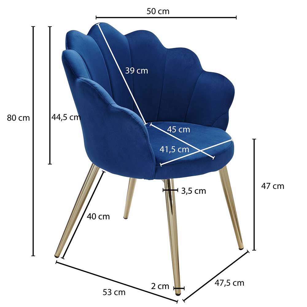 Design Esszimmerstuhl Ambrosso in Blau und Goldfarben 48 cm breit
