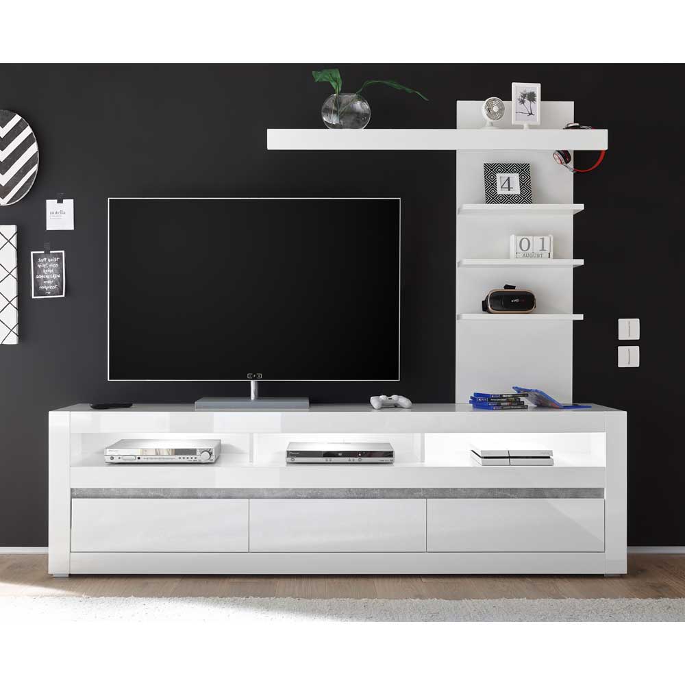 TV Board und Regal Novinza in Weiß Hochglanz und Beton Grau mit LED Beleuchtung (zweiteilig)