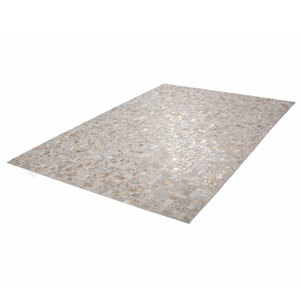 Patchwork Teppich Sempore in Creme Weiß und Goldfarben aus Echtfell