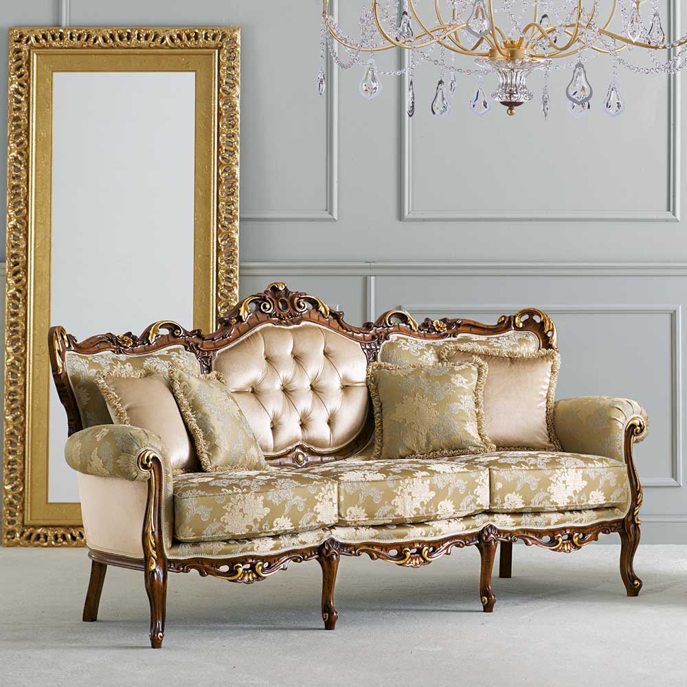Barocke Dreisitzer Couch Larcella in Beige - Gold und Buche braun