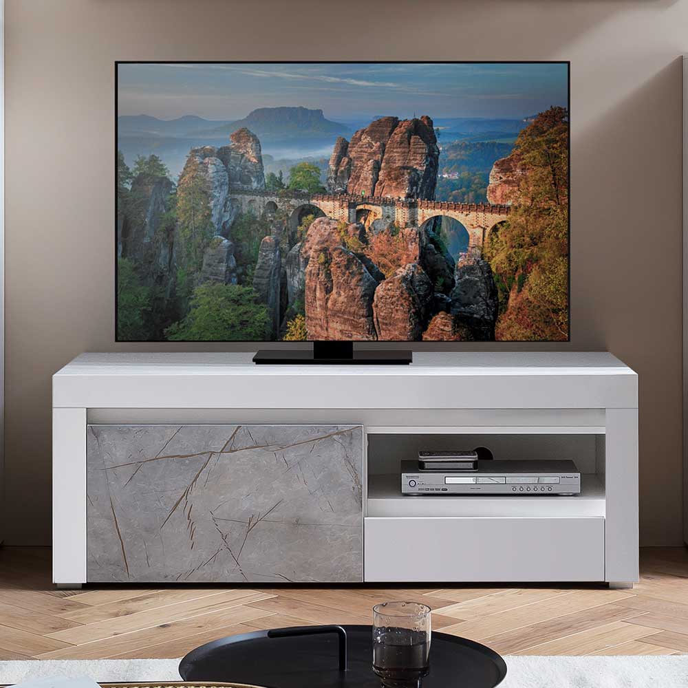 Kompaktes TV Lowboard Wasliava in Weiß und Steinoptik Grau