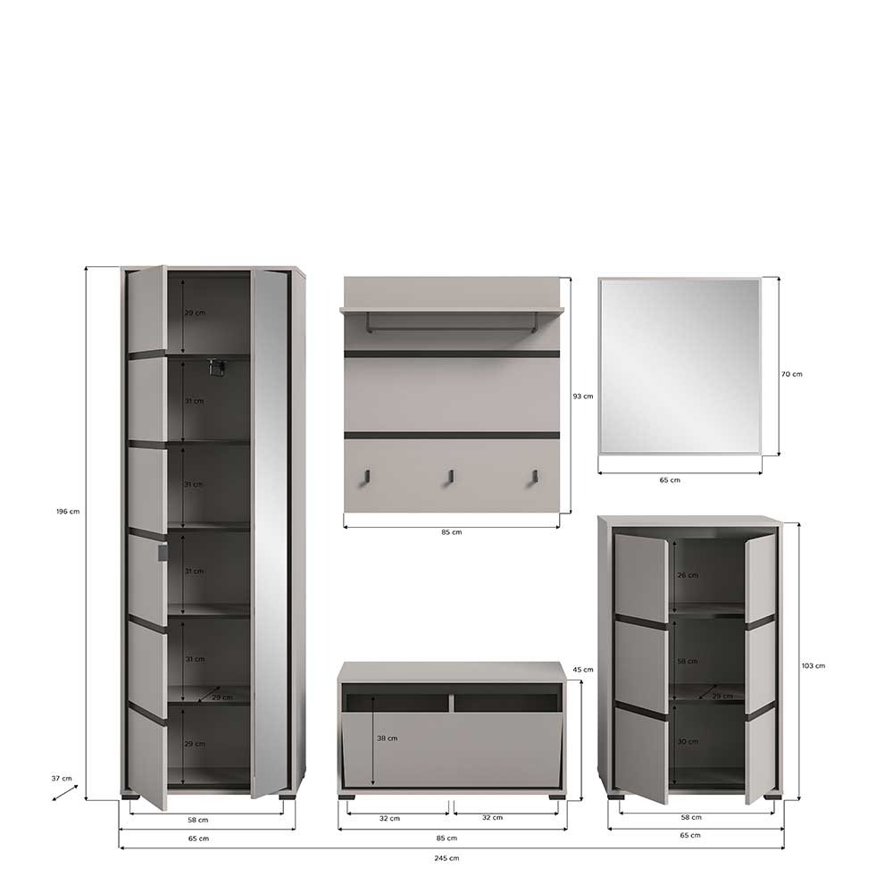 Flur Möbel Ristina in Grau und Schwarz 196 cm hoch (fünfteilig)