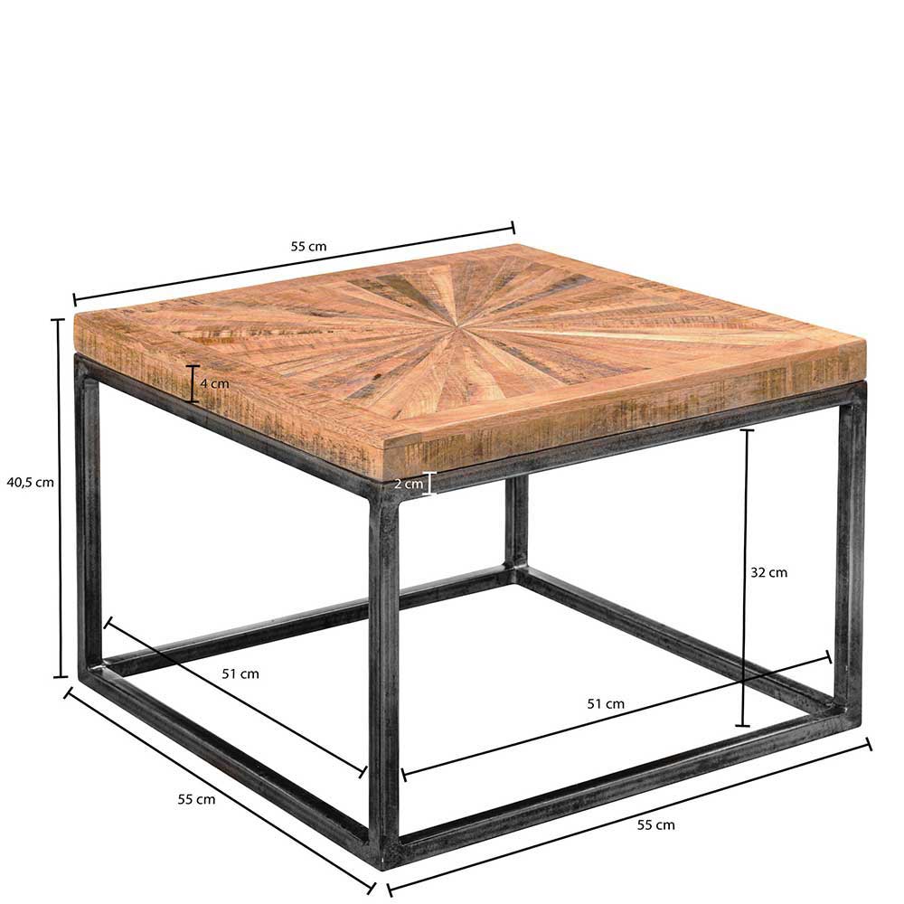 Sofa Beistelltisch Opona aus Mangobaum Massivholz und Eisen 55 cm breit