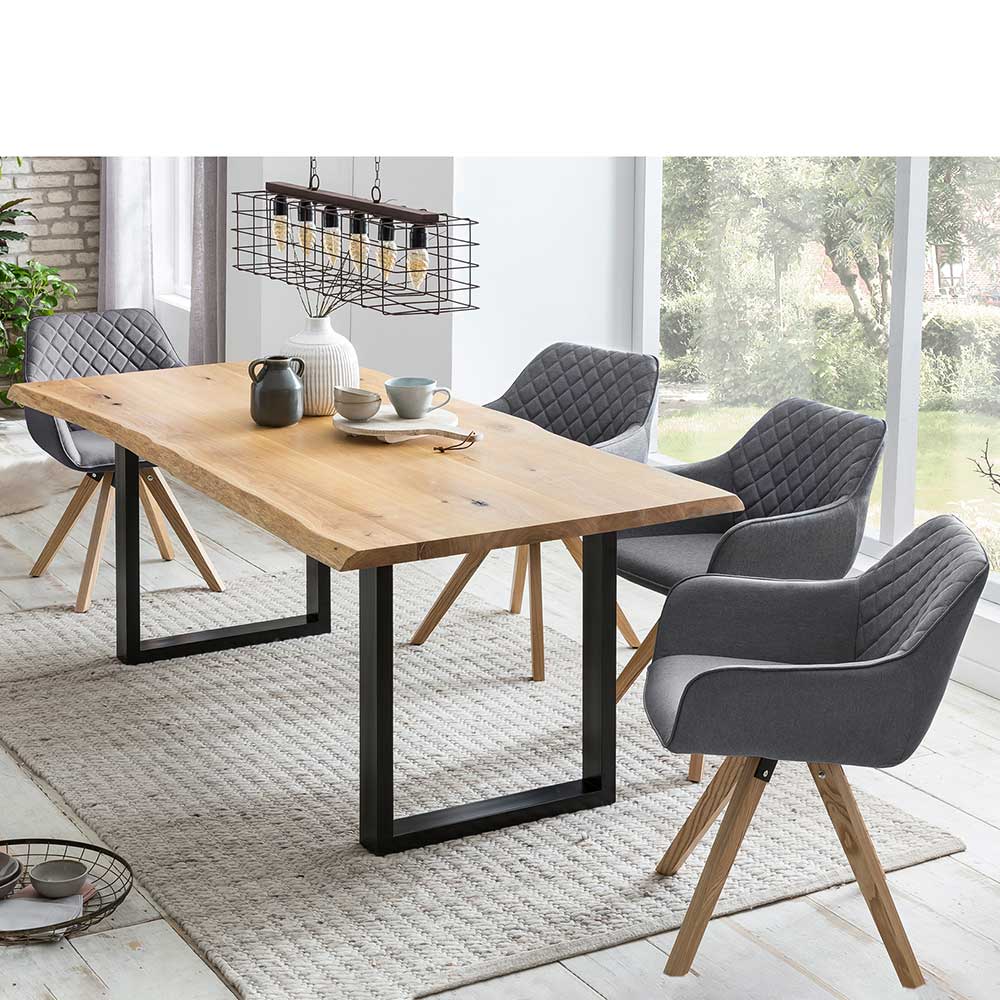Design Tischgruppe Edroms mit Baumkanten Esstisch und Armlehnenstühlen (fünfteilig)
