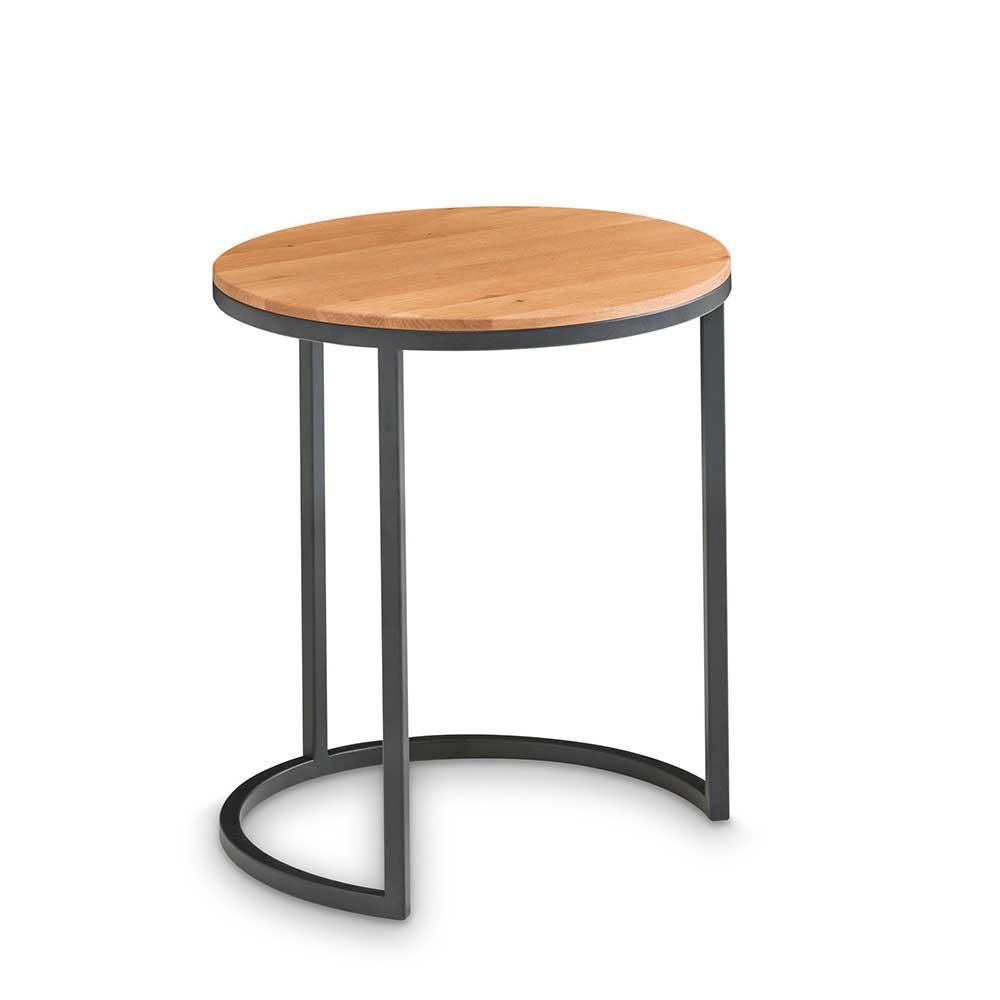 Runder Tisch Bojan mit Massivholzplatte aus Asteiche und Bügelgestell aus Metall