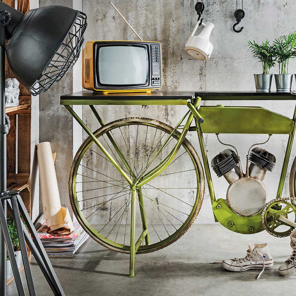 Design Konsolentisch Hiloria in Grün und Mangobaum im Fahrrad Style