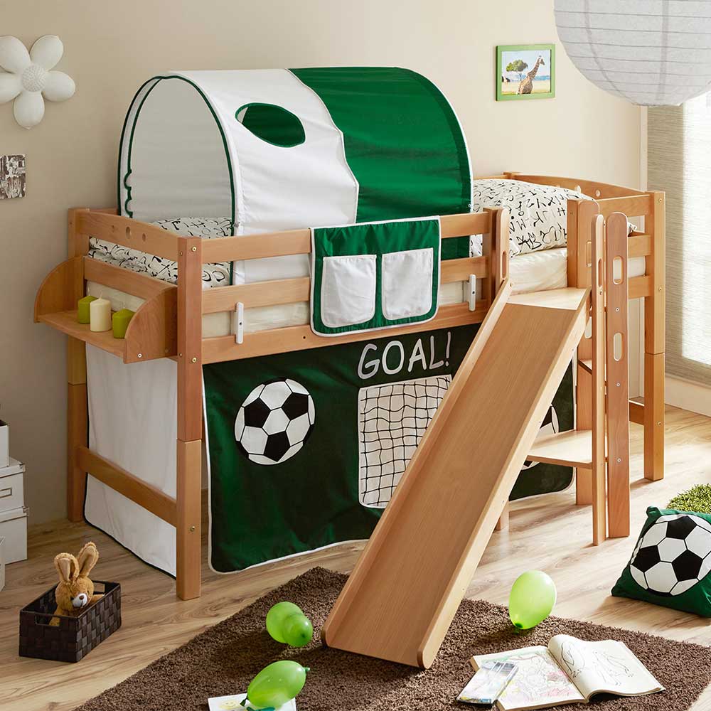 Halbhohes Kinderzimmerbett Macarunas im Fußball Design aus Buche Massivholz