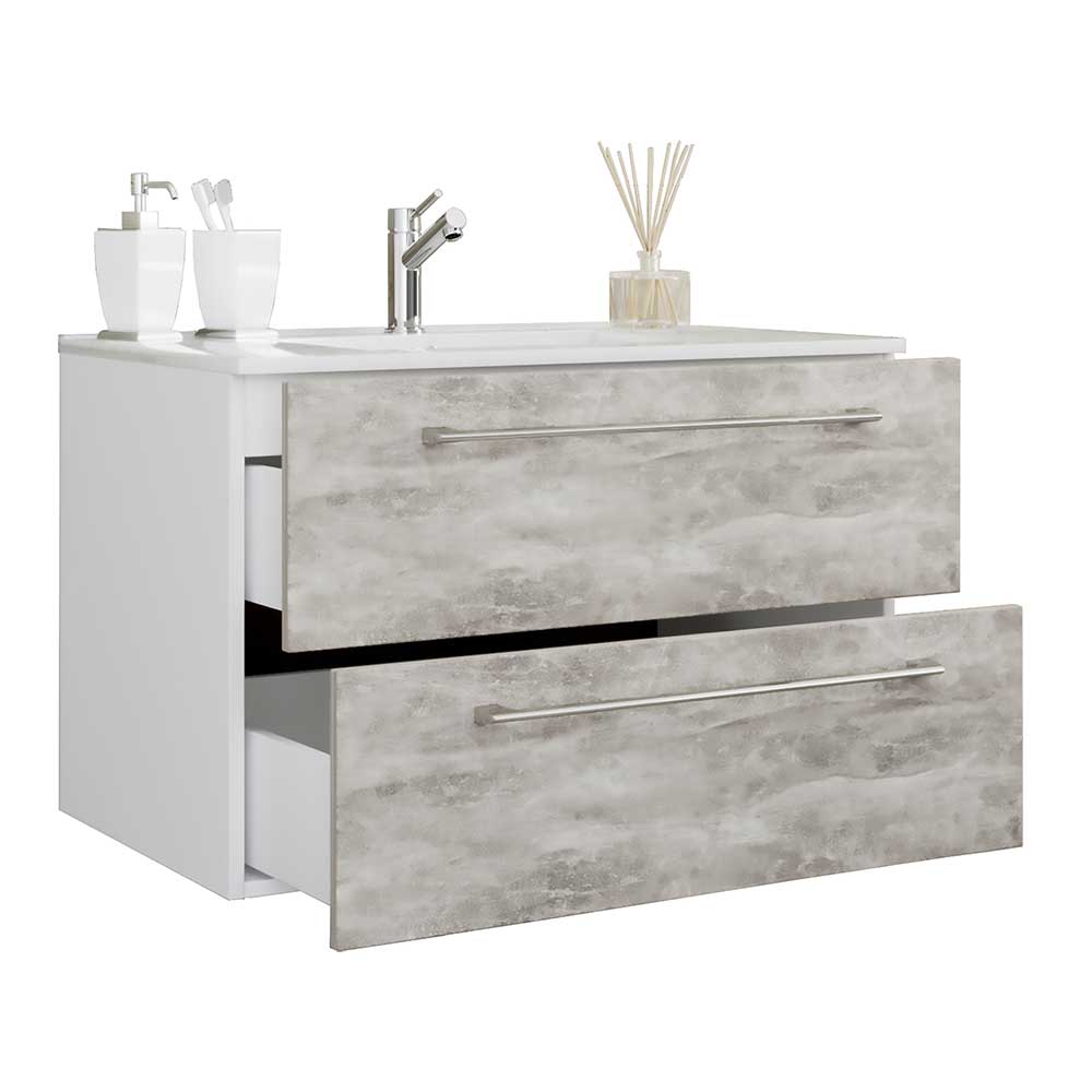 Waschbeckenschrank Fabrizio in Beton Grau und Weiß mit zwei Schubladen