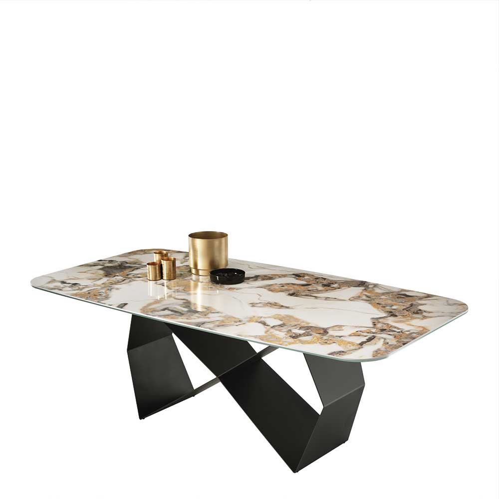 Luxus Esszimmer Tisch Baljita mit Wangen Gestell und marmorierter Glasplatte