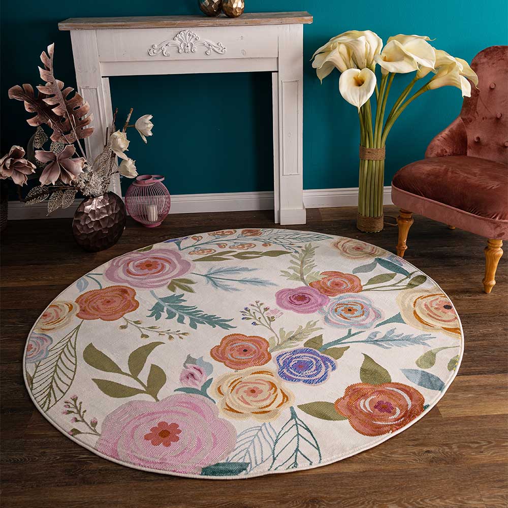 Runder Teppich Krispan in Weiß Bunt mit Blumen Motiv