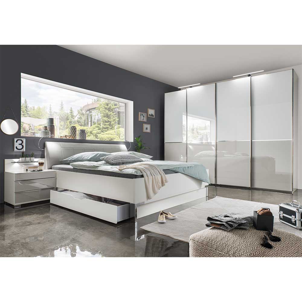 Schlafzimmer Xarina in Weiß und Hellgrau mit LED Beleuchtung (vierteilig)