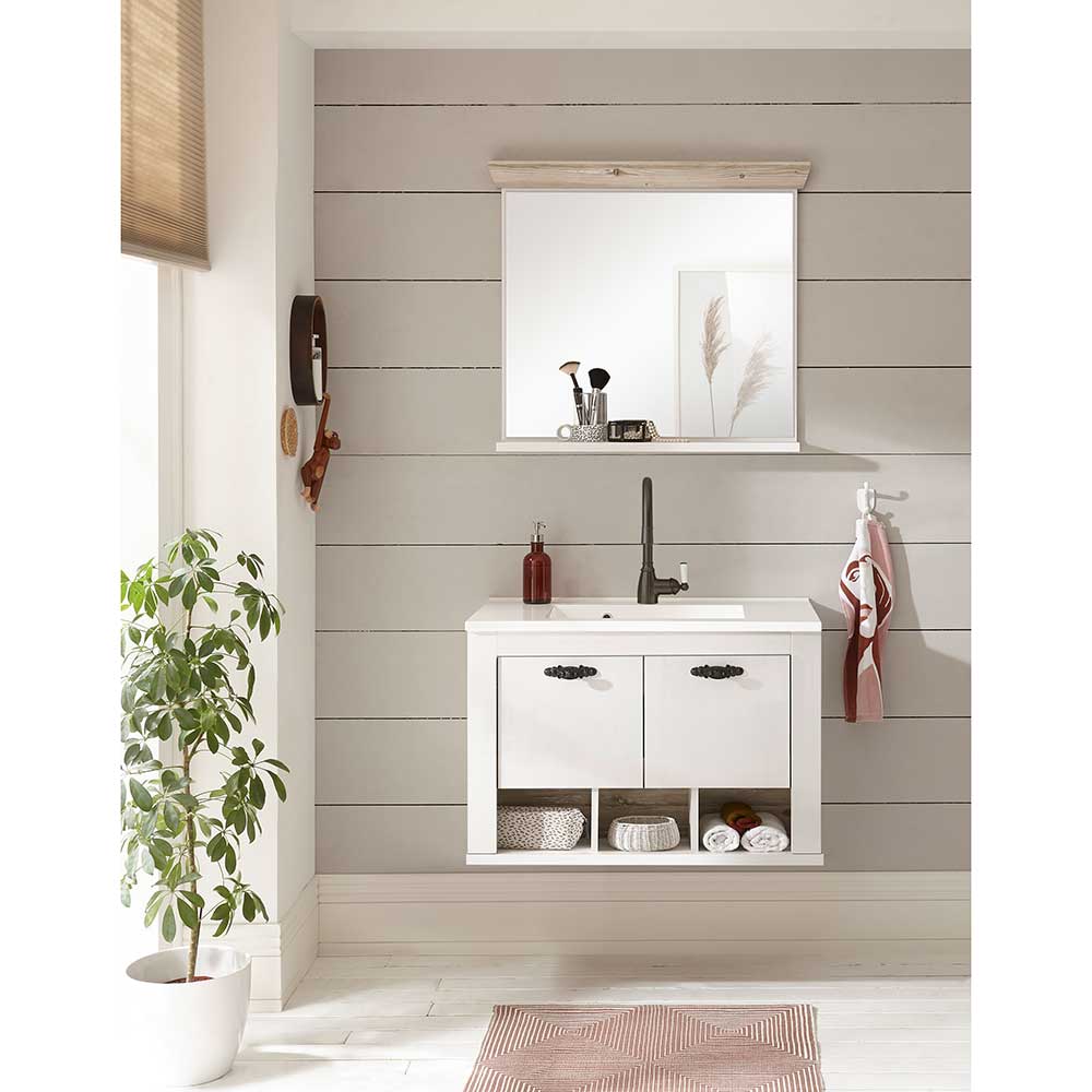 Gäste-WC Set Atridia in Weiß und Pinienfarben mit Spiegel (zweiteilig)