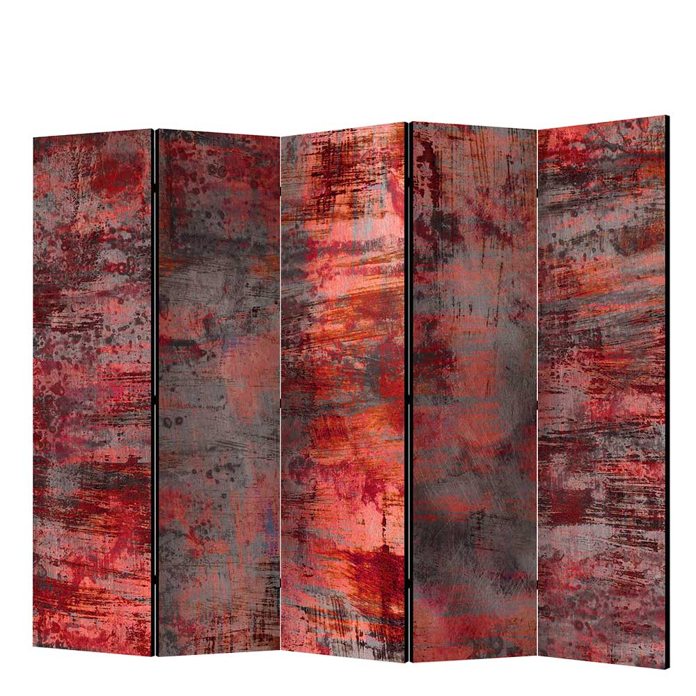 Metalloptik Paravent Fahima in Rot - Grau aus Leinwand und Holz