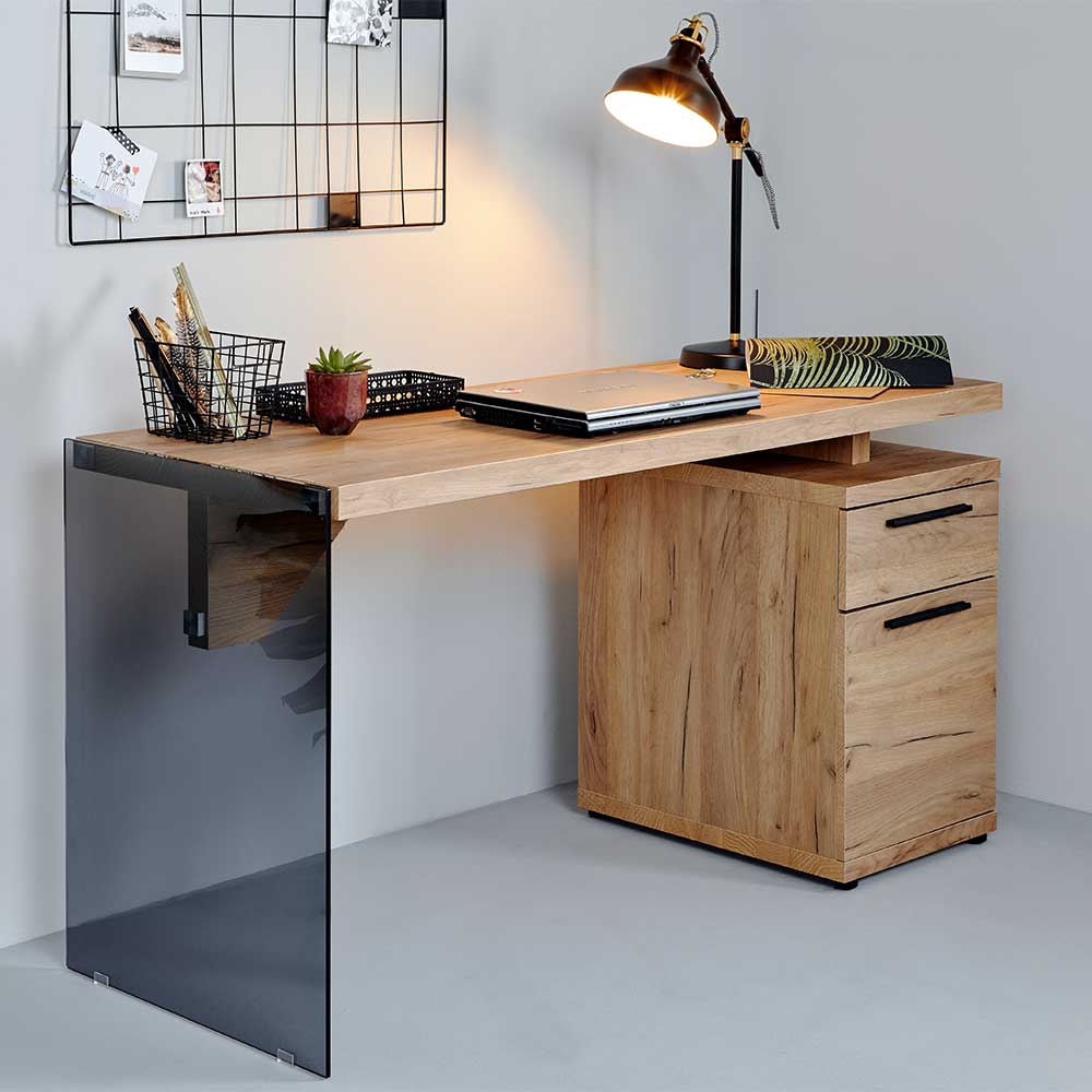 Schreibtisch Bathford aus Sicherheitsglas und Eiche Furnier modern