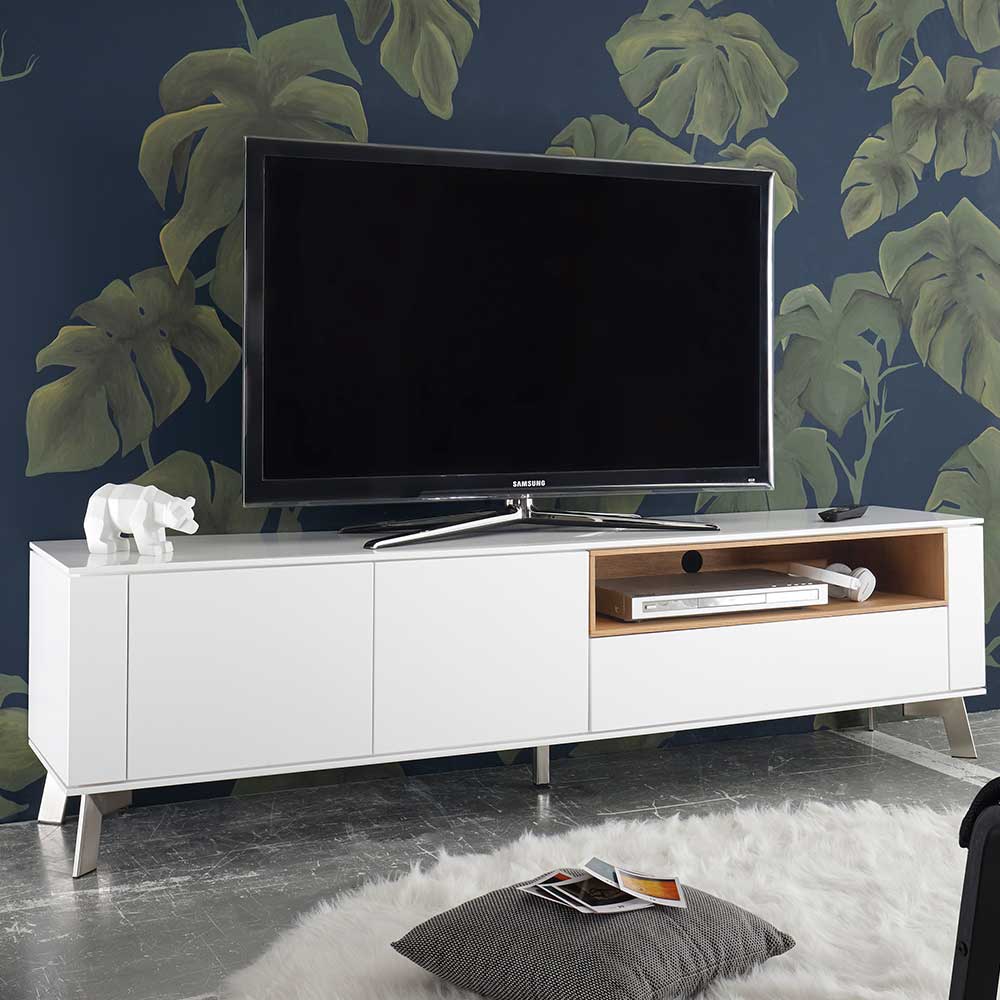 TV Möbel Lawinu in Weiß mit Asteiche Massivholz 180 cm breit