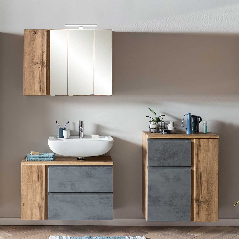 badmöbel mit spiegelschrank tagma in wildeichefarben und beton grau  (dreiteilig)