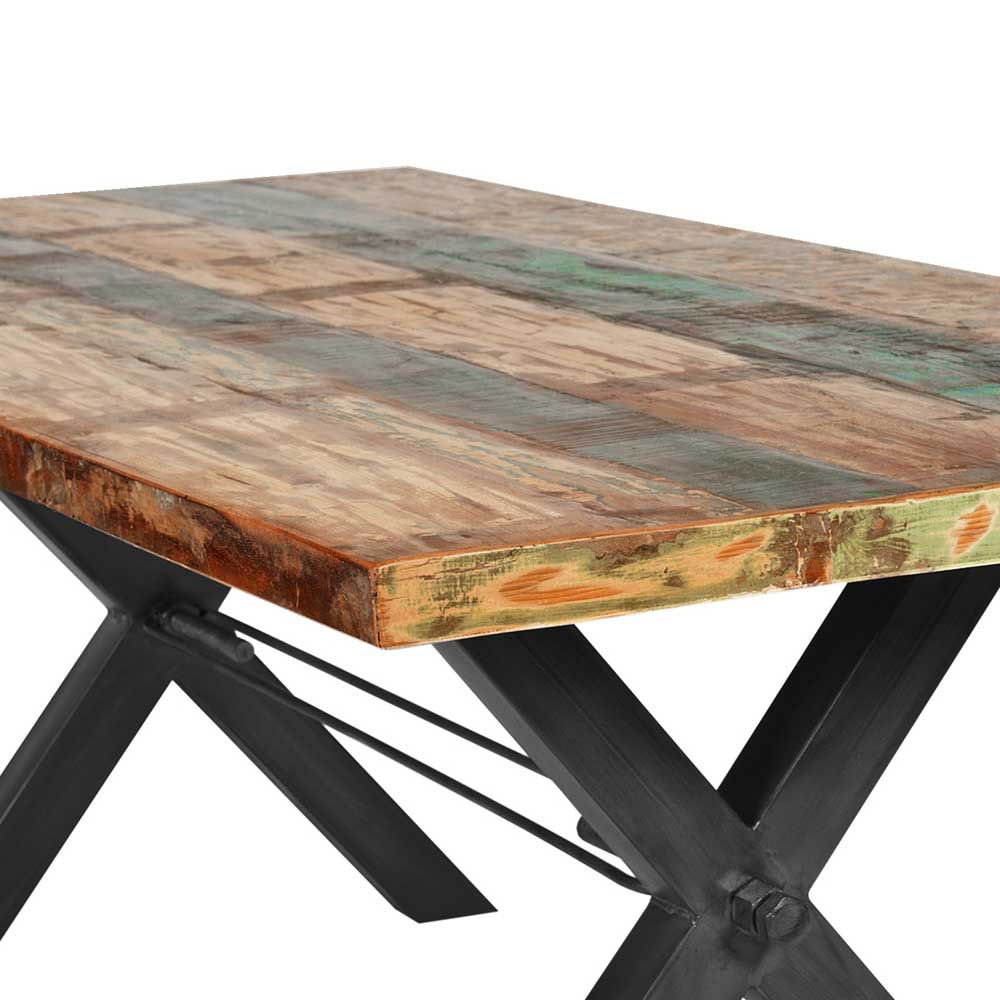 Design Holztisch Cajonara aus buntem Recyclingholz und X-Füßen aus Eisen