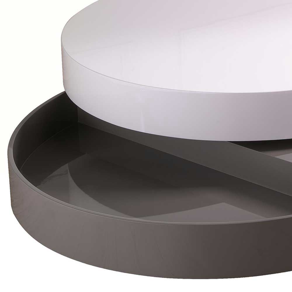 Runder Design Couchtisch Ilana in Weiß und Grau mit schwenkbaren Platten