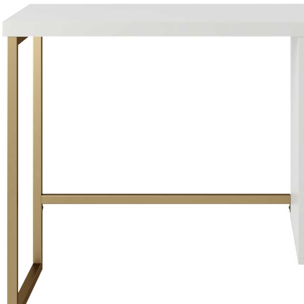 Moderner Schreibtisch Mooning in Weiß und Goldfarben mit Bügelgestell
