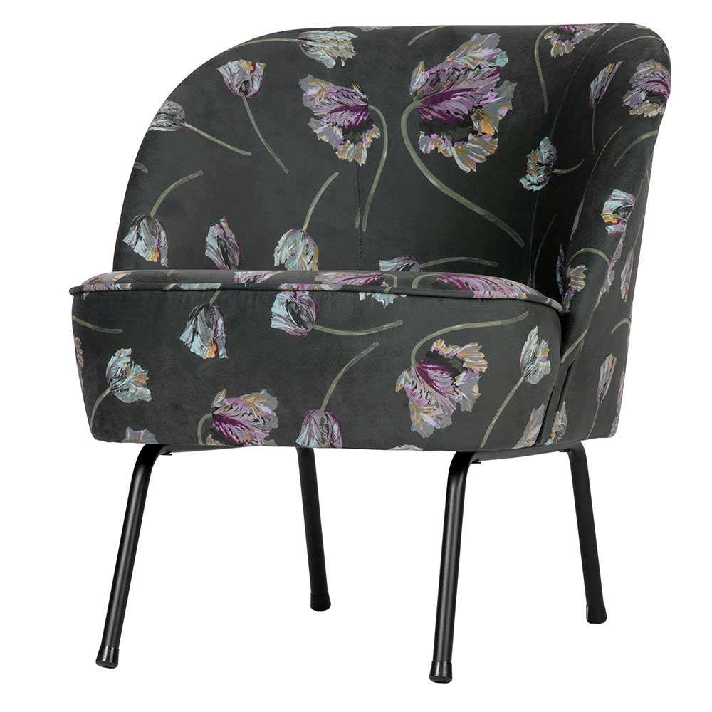 Retrostil Lounge Sessel Paniola in Grau Samt mit Blumen Motiven