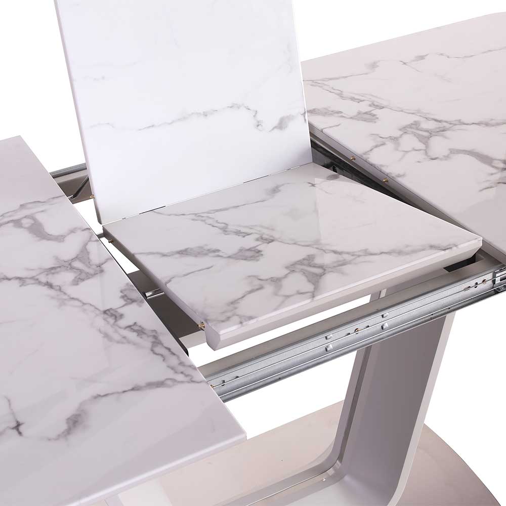 Design Esszimmertisch Celloma in Weiß und Grau mit Glasplatte in Marmoroptik
