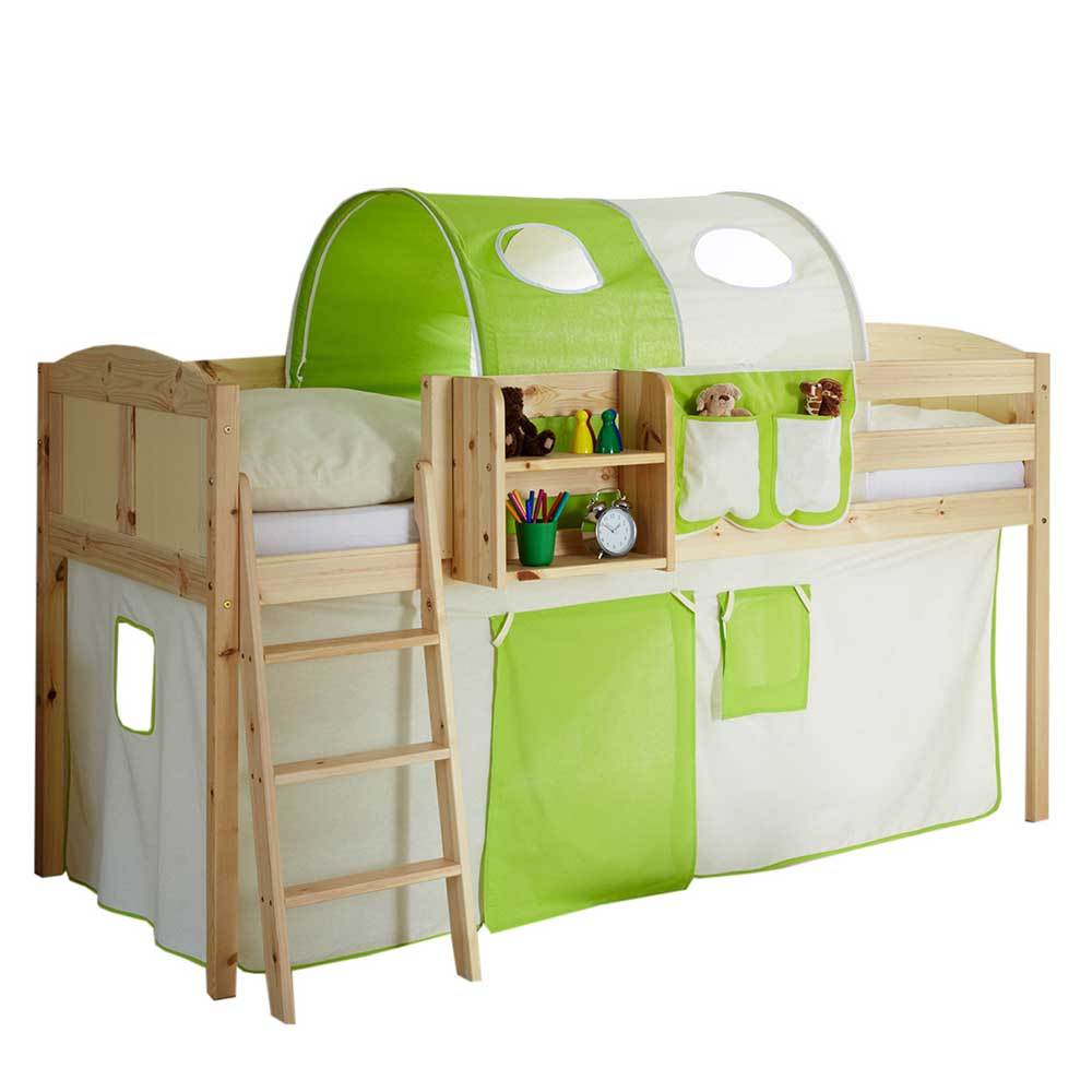 Halbhohes Kinderzimmer Bett Ackora mit Tunnel und Vorhang in Grün Beige