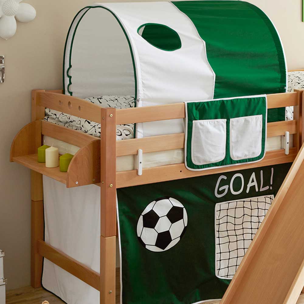 Halbhohes Kinderzimmerbett Macarunas im Fußball Design aus Buche Massivholz