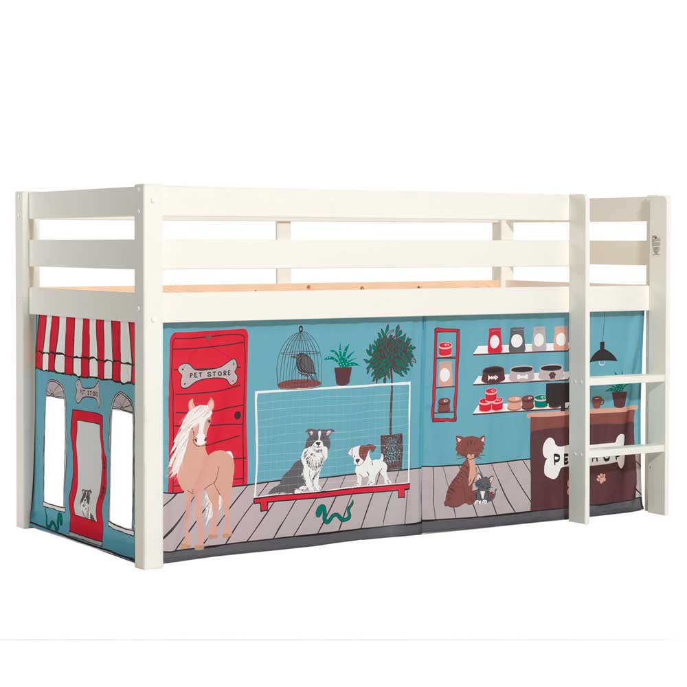 Kinderzimmer Halbhochbett Mint aus Kiefer Massivholz weiß mit Vorhang Set