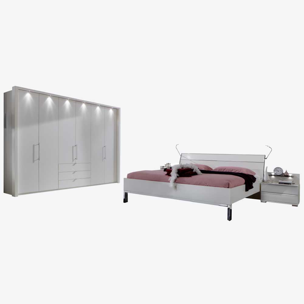 Schlafzimmermöbel Set Juny in Weiß mit LED Beleuchtung (vierteilig)