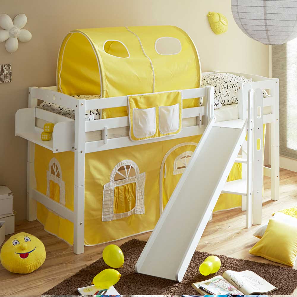 Kinderzimmer Hochbettgestell Imilias in Weiß Buche massiv mit Vorhang in Gelb