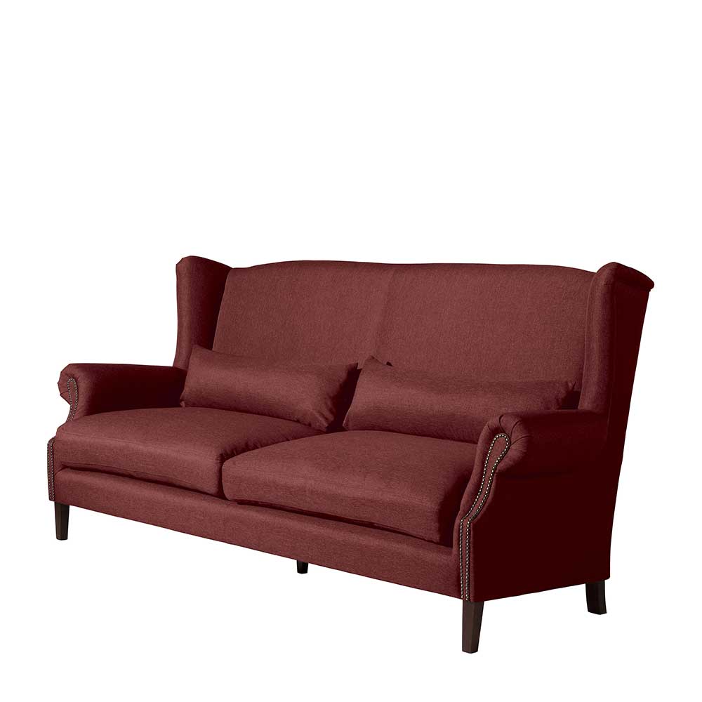 Dreier Sofa Legramo in Rot und Nussbaumfarben inklusive Zierkissen