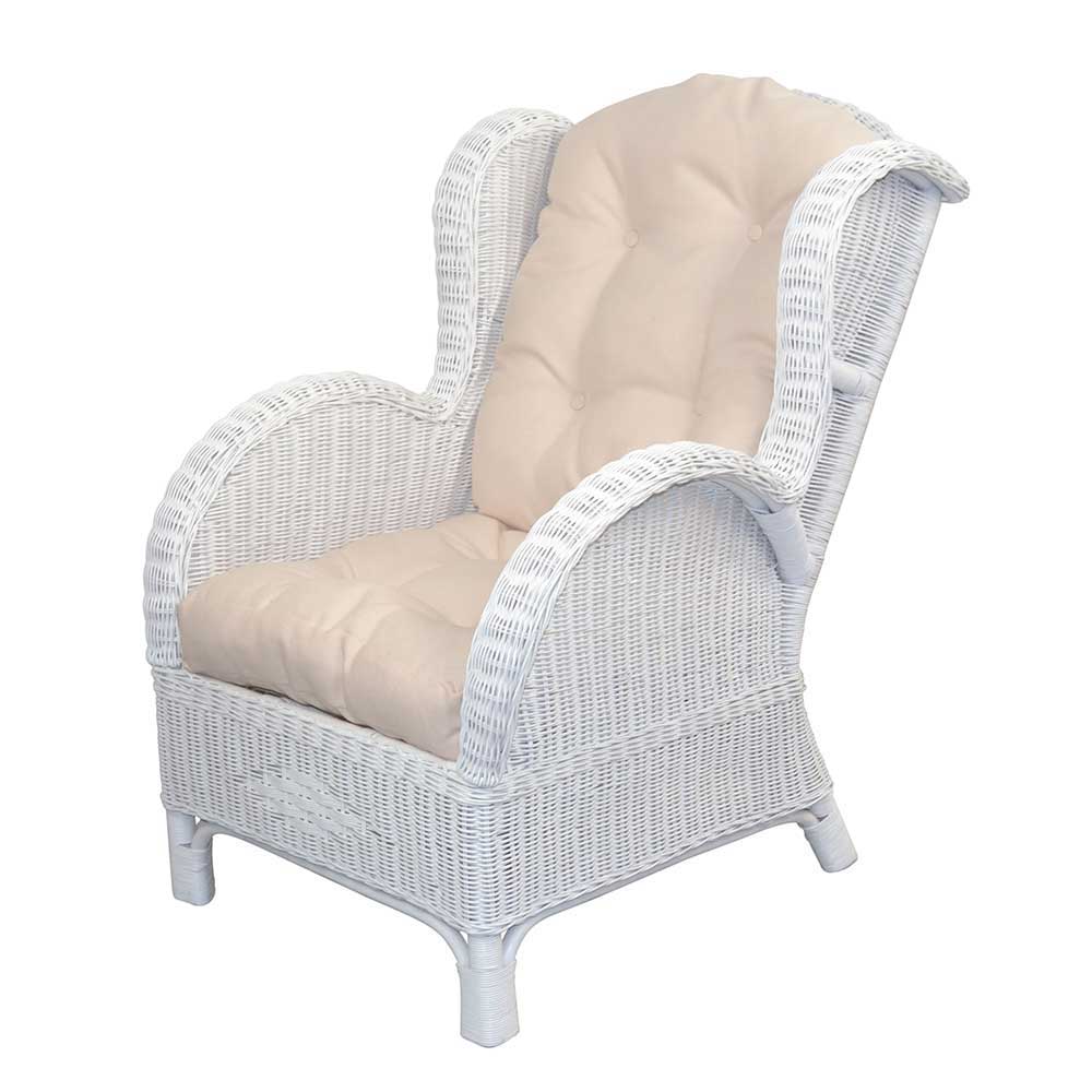 Wintergarten Sessel mit Hocker Lively in Weiß & Creme aus Rattan (zweiteilig)
