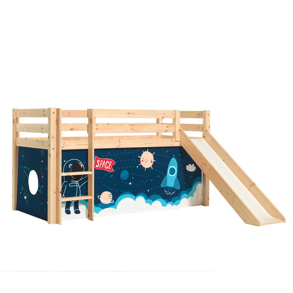 Kinderhochbett Lulumo aus Kiefer Massivholz mit Vorhang Set