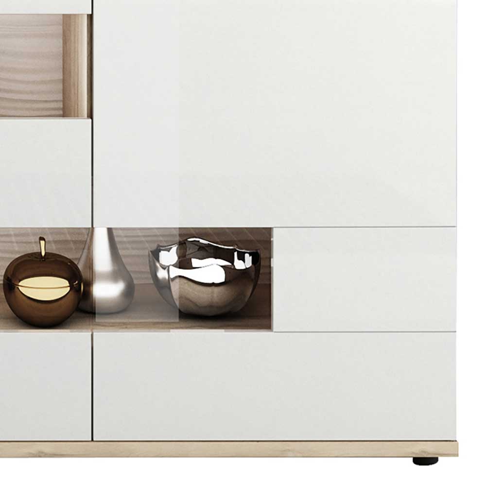 Design Sideboard Alberello in Weiß Hochglanz und Wildeiche Optik mit Glastür