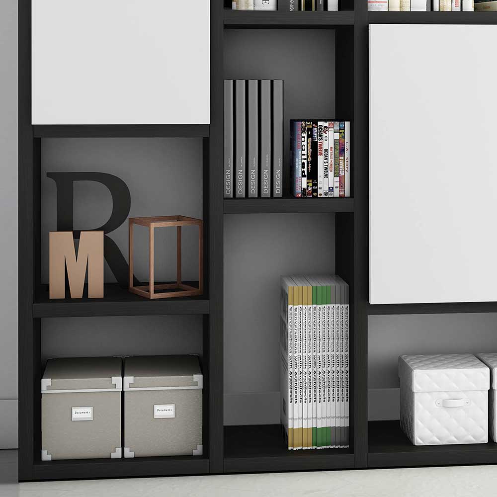 Wohnzimmer Regalwand Ricarda in Weiß und Eiche Schwarz Braun modern