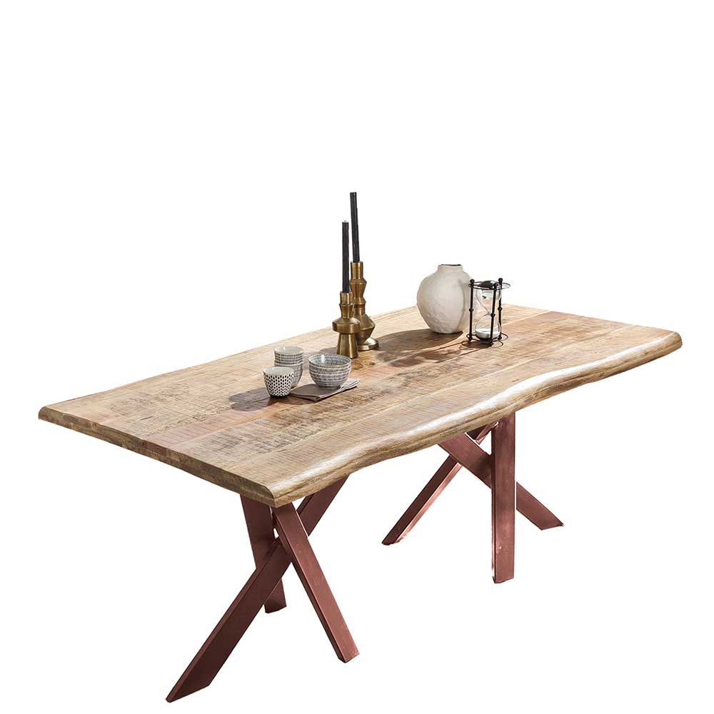 Holztisch massiv Baumkante Apolonia in Braun mit Sechsfußgestell
