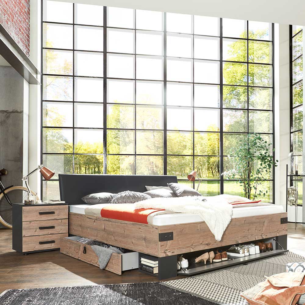 Schlafzimmermöbel Vedra im Industrie und Loft Stil mit Bettkasten (vierteilig)