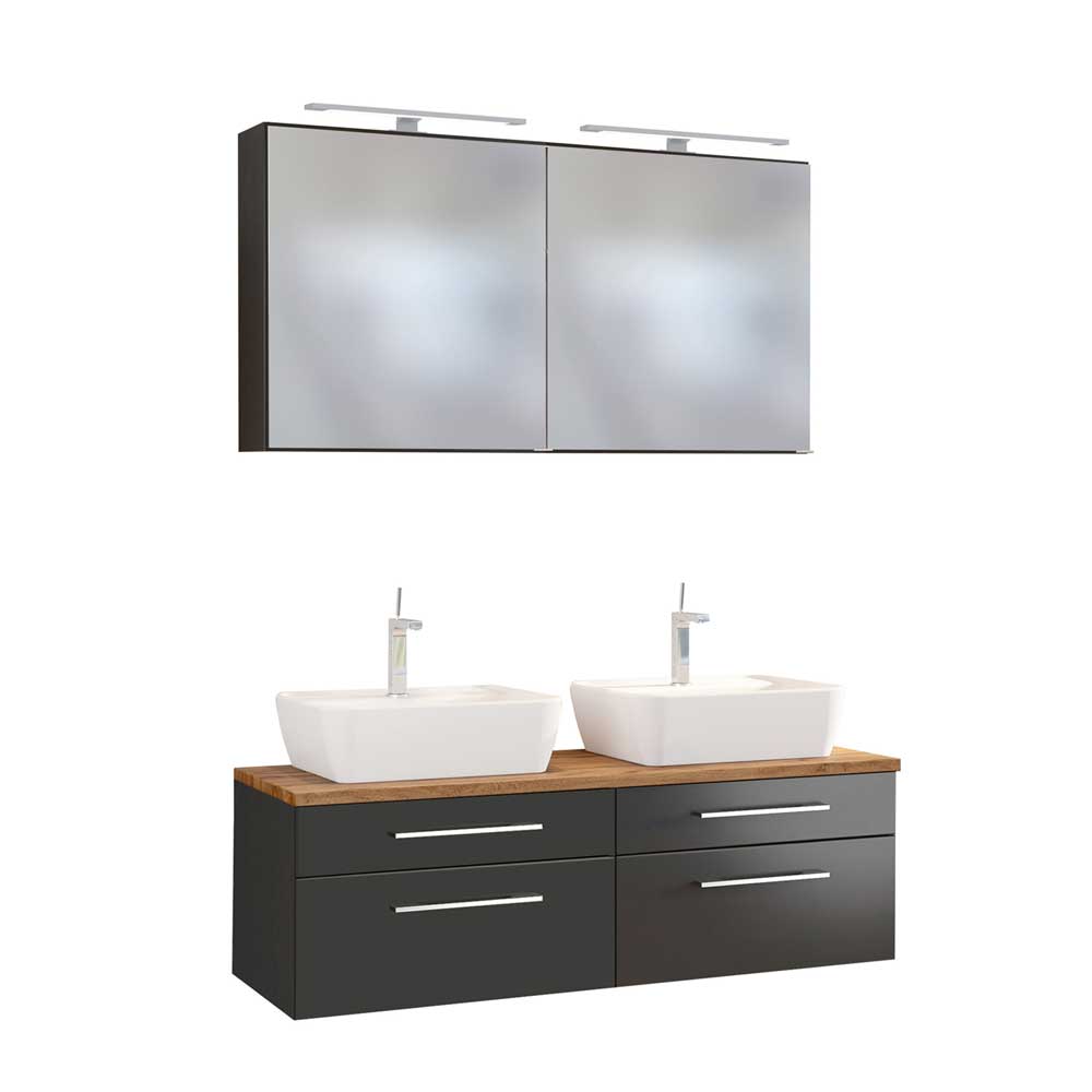 Doppel Waschtisch und Spiegelschrank Hayos in dunkel Grau modern (dreiteilig)