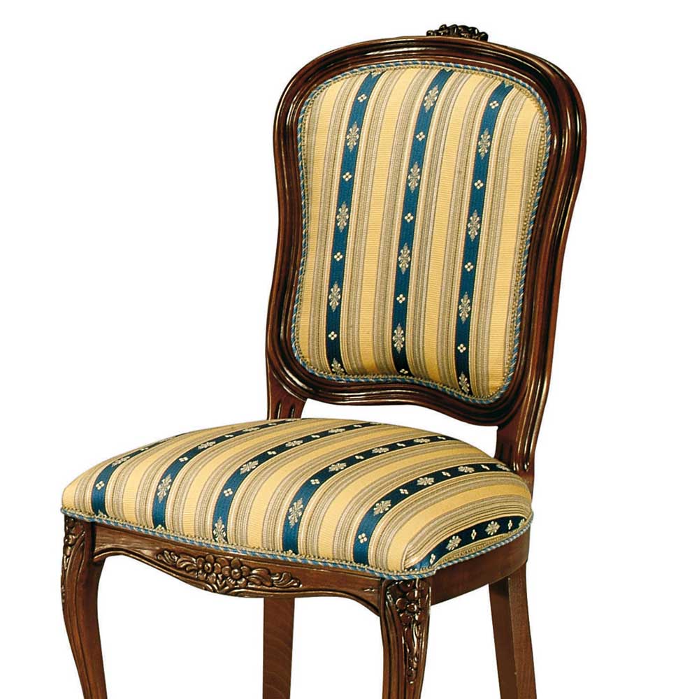 Barockstil Stuhl Adessa in Gelb Blau gestreift und Nussbaumfarben