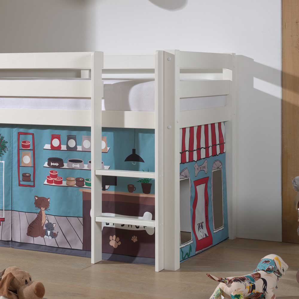 Kinderzimmer Halbhochbett Mint aus Kiefer Massivholz weiß mit Vorhang Set