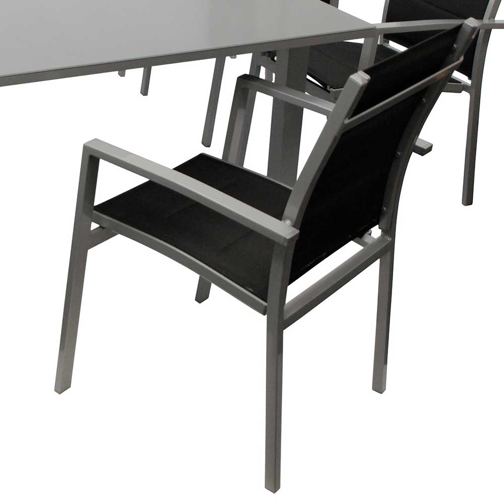 Terrassensitzgruppe Kata in Grau und Schwarz mit ausziehbarem Glastisch (neunteilig)